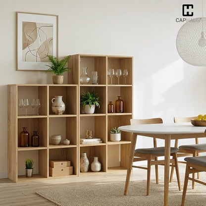 CAPHAUS Sturdy Room 11-Inch Cube Storage Organizer Shelf, with Thick Exterior Edge, Storage Shelf Divider w/Back, Bookcase, 8-Cube, Natural Oak