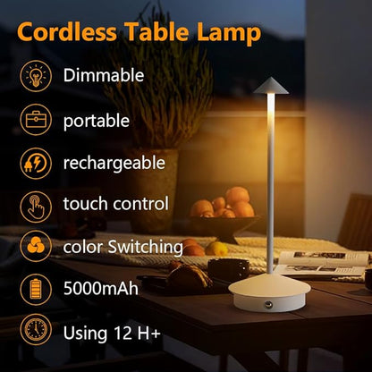 Cordless Table Lamp, 5000mAh Rechargeable Battery Powered LED Desk Lamp, Portable Touch Control Outdoor Table Lamps,3 Color Dimmable Light for Restaurant, Patio, Bedroom, Night Lamp (White)