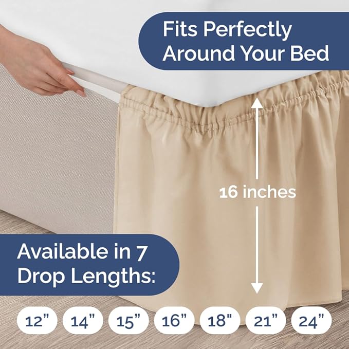 Wrap Around Dust Ruffle Bed Skirt - Cream - for Queen Size Beds w/ 16 Inch Drop - Easy Fit Elastic Strap - Adjustable Pleated Bedskirt w/Brushed Fabric, Wrinkle & Fade Free Women, Men, Kids & Teens