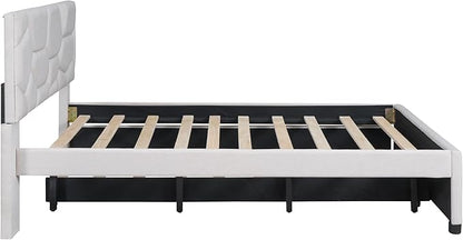 Full Size Upholstered Platform Bed with Twin Size Trundle, Headboard w/Brick Pattern, Wood Slat Support Included, for Boys Girls Kids Teens Adult,Beige