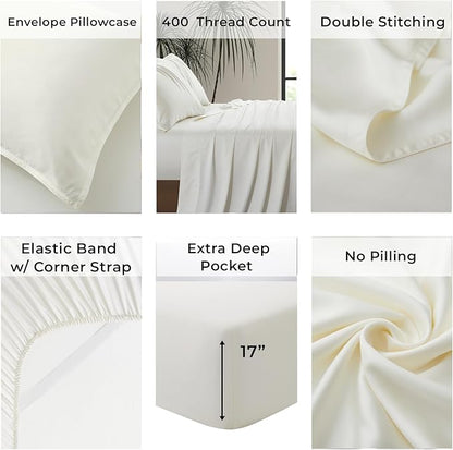 Split King Size Sheet Set | 2 Fitted Sheets for Sleep Number & Adjustable Beds | Organically Grown | Ultra Soft & Cooling |100% Viscose | 17" Deep Pocket [Ivory]