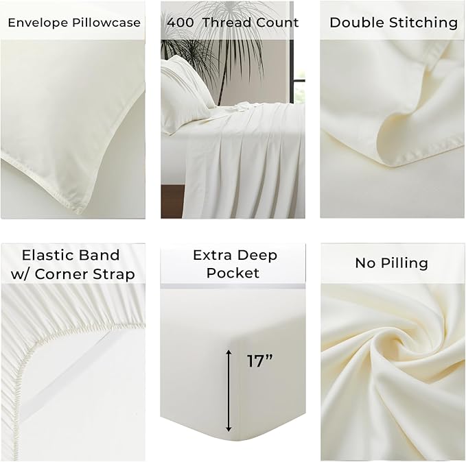 Full Size Sheet Set | 100% Viscose | Organically Grown | Ultra Soft | Cooling Sheets for Hot Sleepers | 17" Deep Pocket [Ivory]