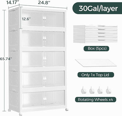 150Gal Stackable Storage Bins with Lid, 600Qt Extra Large Collapsible Storage Box with Doors and Wheels, Plastic Closet Organizer and Storage Cabinet Drawer for Home Kitchen, 5Pack White