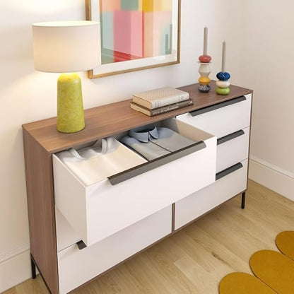 tinge Lira Premium Fabric Dresser - Solid Wooden Frame, 6 Spacious Sag-Proof Drawers with Sleek Metal Handles - Premium & Durable Storage Solution for Your Home (Dark Brown)