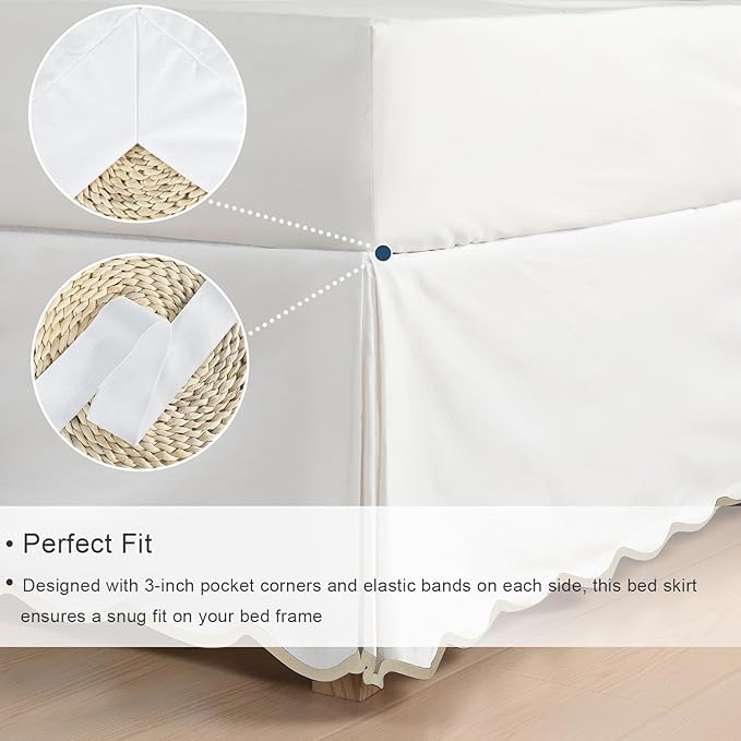 HIG Off White Chic Queen Bed Skirt - Easy Fit Scallop Edge Pleated Bedskirts, 14 Inch Drop Anti-Slip Dust Ruffle, Thick Fabric for Enhanced Privacy, Pre-Washed for Long-Lasting Use(N60022)