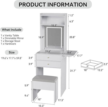 ARTETHYS Small Vanity Desk Set with 3 Adjustable Lighted Mirror and Storage Chair Mini Makeup Vanities Set for Compact Space White Dressing Table with Fold-up Panel for Bedroom