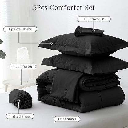 JOLLYVOGUE Twin Comforter Set, Ultra-Soft Bed in a Bag Twin Size 5 Pieces, Oeko-TEX Certified Bedding Set with Down Alternative Comforter, Sheets, Pillowcases & Shams, Black