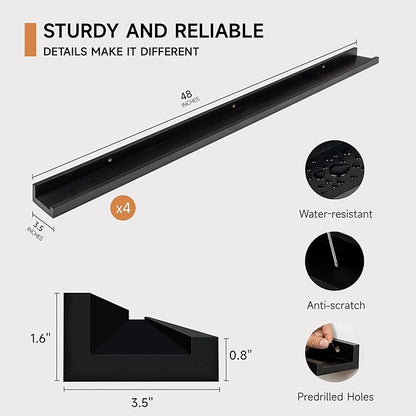 Fun Memories Picture Ledge Shelf for Wall, Floating Shelves Set of 4, 48 Inch Long Nursery Book Shelves for Toys Storage, Kids Bookshelf Wall Mounted for Books Photo Frames, Black