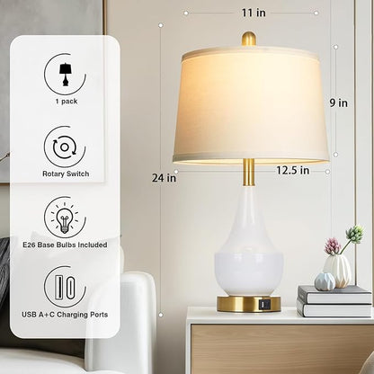 Modern White Table Lamp, 24" Ceramic Table Lamp with USB A+C Ports,Classic Beside Lamps Nightstand Lamp Modern Lamp for Living Room, Bedroom & Office -LED Bulbs Included