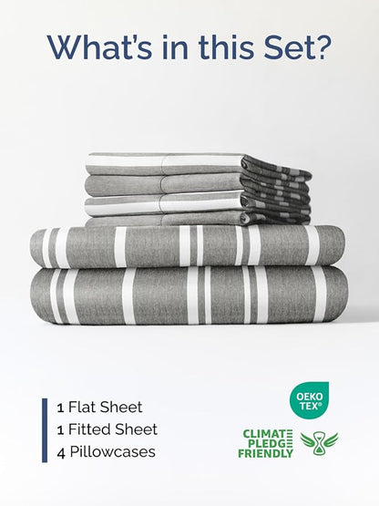 Extra Deep Cal King Sheet Set - 6 Piece Breathable & Cooling Sheets - Hotel Luxury Bed Sheets Set - Easy Fit - Soft, Wrinkle Free & Comfy Sheets Set - Grey Striped Sheet Set with Extra Deep Pockets