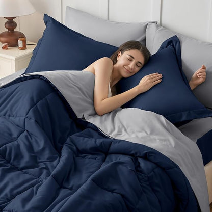 JOLLYVOGUE Queen Comforter Set, Ultra-Soft Bed in a Bag Queen Size 7 Pieces, Oeko-TEX Certified Bedding Set with Down Alternative Comforter, Sheets, Pillowcases & Shams, Navy Blue & Light Grey