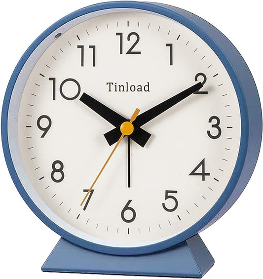 4.5" Battery Operated Analog Alarm Clock, Small Silent Bedside Desk Clock with Night Light, Blue