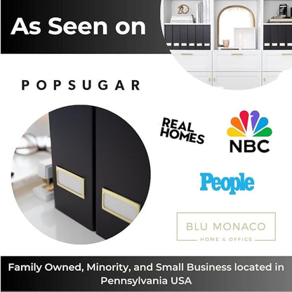 BLU MONACO Declutter in Style - Set of 6 Black Foldable Magazine File Holders with Gold Label Holders - Cardboard Magazine Storage Box & Desk Organizer for Workspace and Shelves