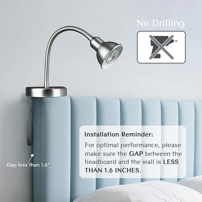 Solfres Patented Innovative Design Headboard Reading Light. No Drilling Golden Book Light for Bedtime Reading. Dimmable LED Book Reading Lamp with Bulb. Movable & Flexible, Silver