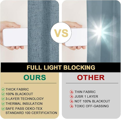 PrinceDeco 100% Blackout Curtains 108 inches Long Linen Blackout Curtains for Bedroom Living Room Black Out Darkening Curtain Thermal Insulated Anti-Rust Grommet Set of 2(52x108 inch,Stone Blue)