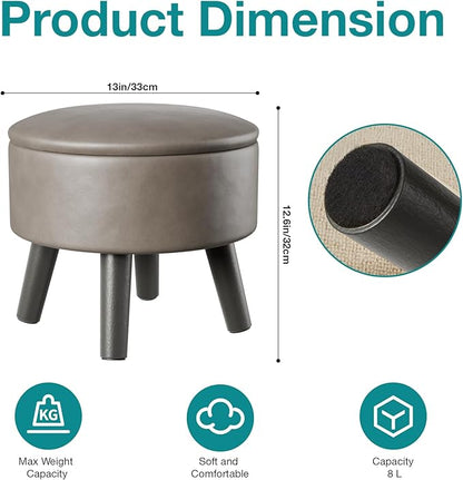 FIMIVIBI Small Foot Stool Ottoman with Storage, Faux Leather Ottoman Foot Rest for Couch, Round Footstool Ottomans for Living Room (Gray)