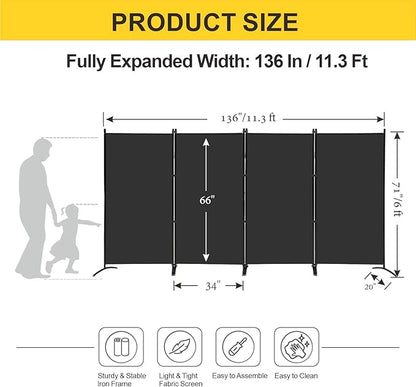 MAYOLIAH 4 Panel Privacy Screen Room Dividers 6FT Tall Portable Office Wall Divider for Rooms Separator 136"x20"x71", Black