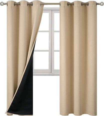 BGment Thermal Insulated 100% Blackout Curtains for Bedroom with Black Liner, Double Layer Full Room Darkening Noise Reducing Grommet Curtain (42 x 84 Inch, Beige, 2 Panels)
