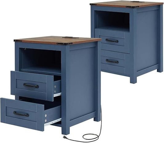 Puntogen Blue Night Stand Set of 2, Rustic End Table with Charging Station, Farmhouse Tall Nightstand for Bedroom, Drawer Dresser Bedside Table with Open Storage Shelf