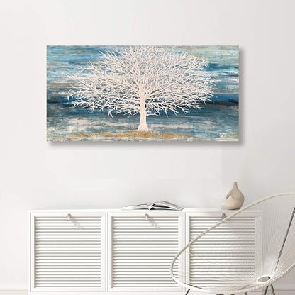 White Tree Canvas Wall Art Large Teal Blue Decor Textured Painting Print with Gold Foil Framed Artwork for Living Room Bedroom(24W*48L