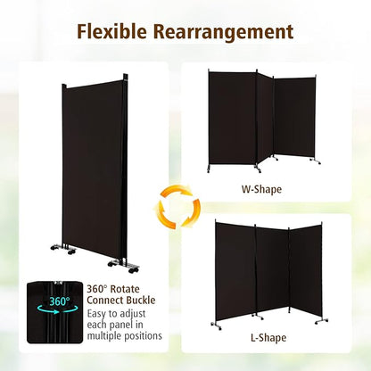 GOFLAME 3 Panel Folding Room Divider, 6FT Rolling Privacy Screen with Lockable Wheels, Portable Room Partition Screen, Freestanding Wall Divider and Separator for Home Office, Brown