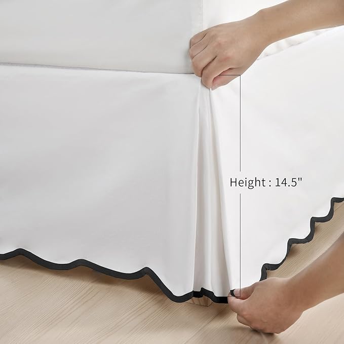 HIG Off-White Chic Queen Bed Skirt - Easy Fit Scallop Edge Pleated Bedskirts, 14 Inch Drop Anti-Slip Dust Ruffle, Thick Fabric for Enhanced Privacy, Pre-Washed for Long-Lasting Use(N60022)