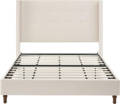 Queen Velvet Bed Frame,Upholstered Platform Bed with Button Tufted Headboard and Nailhead Trim Wingback, Wood Slats Support, No Box Spring Needed, Easy Assembly,Ivory