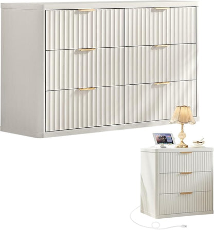 LEYAOYAO Fluted Dresser and Nightstand Sets, Wood 48" Wide Dresser & 23" Night Stand with Charging Station, 2 Piece Bedroom Furniture Set, Chest of Drawers for Bedroom,Living Room, Antique White