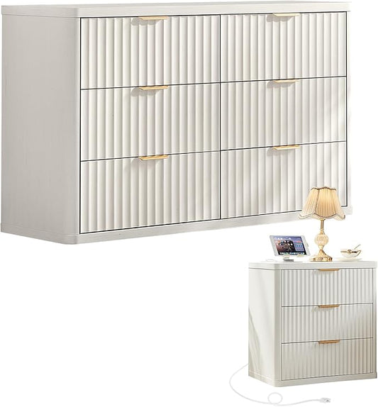 LEYAOYAO Fluted Dresser and Nightstand Sets, Wood 48" Wide Dresser & 23" Night Stand with Charging Station, 2 Piece Bedroom Furniture Set, Chest of Drawers for Bedroom,Living Room, Antique White