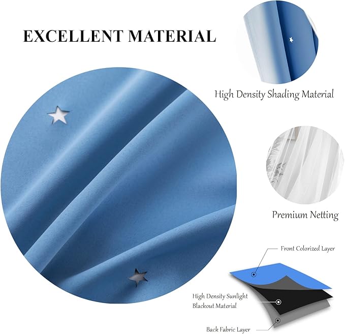 Stars Double Layer Blackout Curtains for Bedroom Kids, 72 Inches Long 2 Panels Set, Blue, 52 X 72 Inches