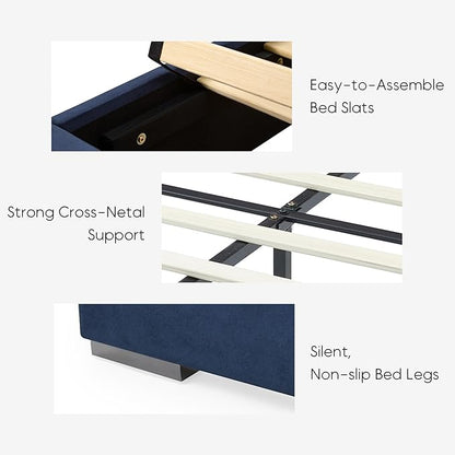 DEINPPA Luxury Queen Bed Frame with Built-in Gold LED Lights and Nightstands, Queen Size Platform Bed with Oversize Upholstered Headboard, No Box Spring Needed-Royal Blue