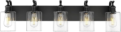 5 Light Bathroom Vanity Light, Black Light Fixture Morden Bathroom Lighting Fixtures Over Mirror Black Wall Sconces with Clear Glass Shade ZCVL01BK-5