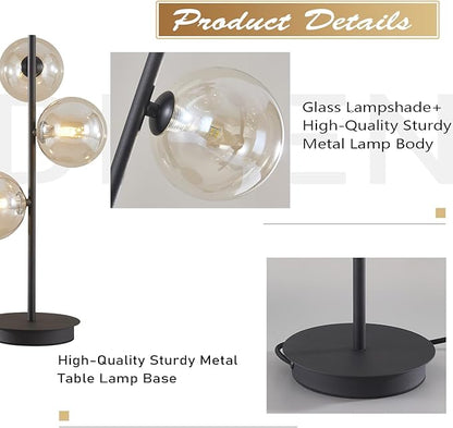 Mid Century Modern 3 Lights Globe Table Lamp Contemporary Minimalist Tall Bedside Desk Lamp Farmhouse Cognac Glass Nightstand Lamps Vintage Reading Light for Bedroom Living Room MTL03-B