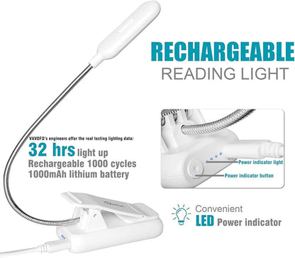 VAVOFO Book Light, Rechargeable Clip On Reading Light 7 LEDs with 9 Brightness Levels for Bed and Desk Studying (White 2-Pack)