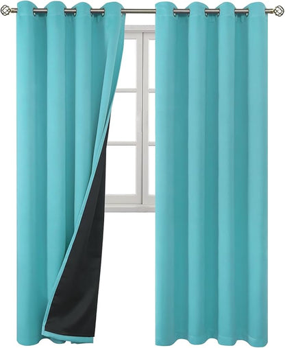 BGment 100% Blackout Curtains 108 Inch Long 2 Panles Set, Thermal Insulated Total Light Locking Soundproof Grommet Curtains & Drapes for Living Room with Black Liner, 52 Inch Wide Each, Aqua