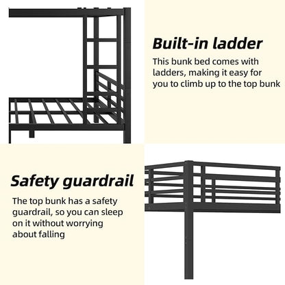 Twin XL Over Twin XL Bunk Bed Frame, Heavy Duty Metal Loft Bed for Adults/Teens, 350/500LB Capacity w/Ladder & Guardrail, Noise-Free Steel Slats, No Box Spring Required, Black