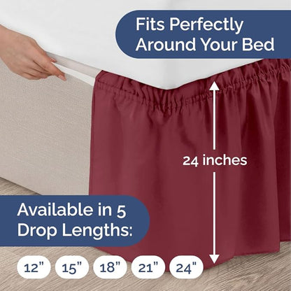 Wrap Around Dust Ruffle Bed Skirt - Burgundy - for Queen Size Beds with 24 Inch Drop - Elastic Strap - Adjustable Pleated Bedskirt with Brushed Fabric and Wrinkle Free - for Women, Men, Kids & Teens