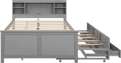 Platform Bed with Storage Headboard, USB, Twin Size Trundle and 3 Drawers, Full Size, Gray