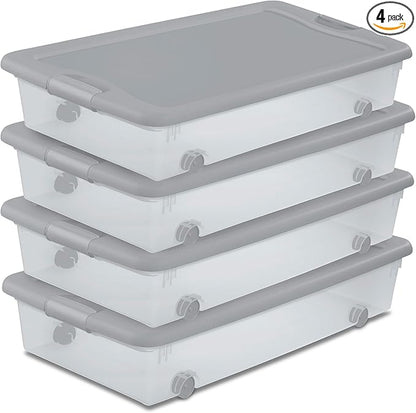 Sterilite 4 Pack Wheeled Under Bed Storage Container, 56 Qt Plastic Bin with Latching Lid for Organization - Clothes & Shoes Organizer, Silver Tint
