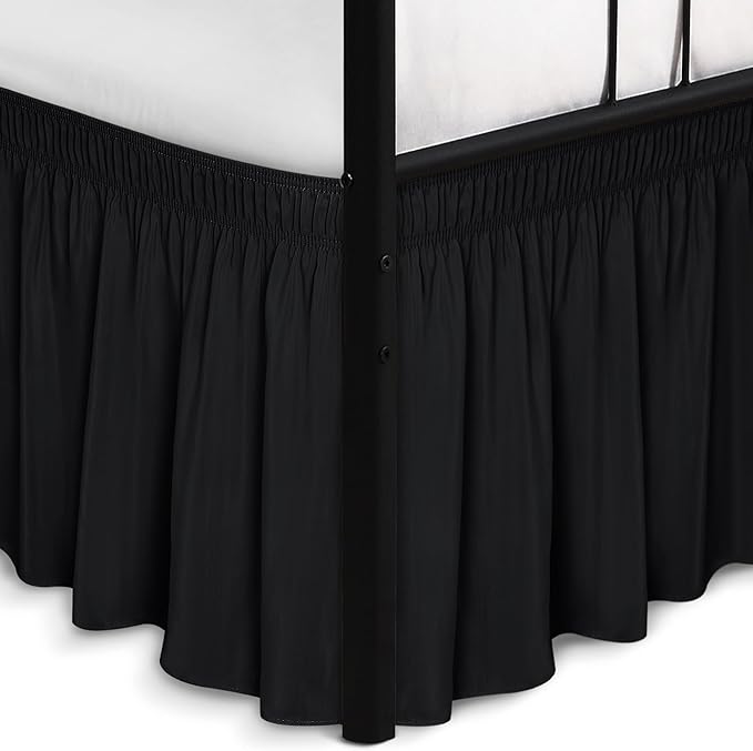Biscaynebay Wrap Around Bed Skirts with Split Corners for Full Beds 18" Drop, Black Adjustable Elastic Dust Ruffles Easy Fit Wrinkle Resistant Silky Luxurious Fabric Machine Washable