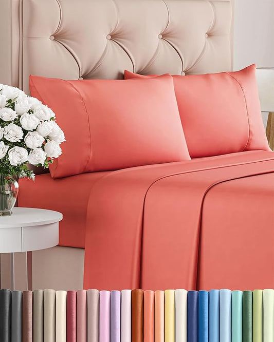 Twin 4 Piece Sheet Set - Cooling, Comfy & Breathable - Hotel Luxury Bedding, Includes Fitted Sheet for Women, Men, Kids and Teens - 1 Flat, 1 Fitted Sheet, 2 Pillowcases with Deep Pockets - Coral