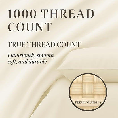 Hyde Lane Luxury 1000 Thread Count 100% Cotton Sheets | Very Soft & Thick - Fits Upto 20" Mattress | Sateen Weave Bed Sheets 18" Deep Pocket- 4 PC Sheet Set (Ivory/Cream, Split King)
