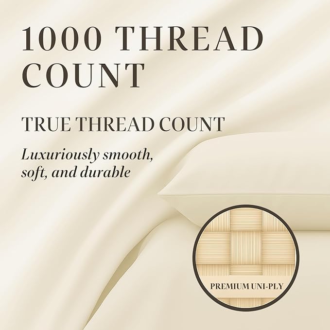 Hyde Lane Luxury 1000 Thread Count 100% Cotton Sheets | Very Soft & Thick - Fits Upto 20" Mattress | Sateen Weave Bed Sheets 18" Deep Pocket- 4 PC Sheet Set (Ivory/Cream, King)