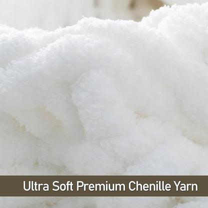 Chunky Knit Throw Blanket 50"X 60", 100% Handmade with Soft Chenille Yarn, 4.4lbs Thick Cable Knitted Blankets, Large Rope Knot Crochet Throws for Couch Sofa Bed Home Decor, Snow White