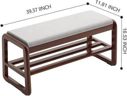 Solid Wood Shoe Bench, 2-Tier Wooden Storage Entryway Bench, Mid-Century Modern Shoe Bench Rack, End of Bed Bench with Faux Leather Cushion, Ottoman Bench for Hallway, Living Room (Cream Grey 39.7'')