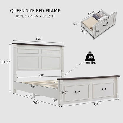 Farmhouse Queen Size Bed Frame with 51" Tall Headboard, Wood Platform Bed Frame with 20" Tall Roman Column Decoration Footboard & 2 Large Storage Drawers, No Box Spring Needed (White)