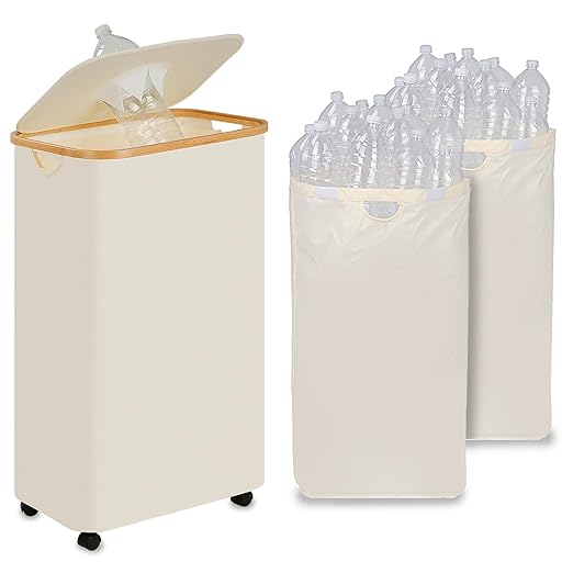 iEGrow Recycling Bin for Kitchen, Indoor Home Recycle Bins with Wheel, 29 Gallons Large Recycling bin with 2 Removeable Reusable Inner Bags, for Bottles Cans Glass Plastice Cartons(Beige)