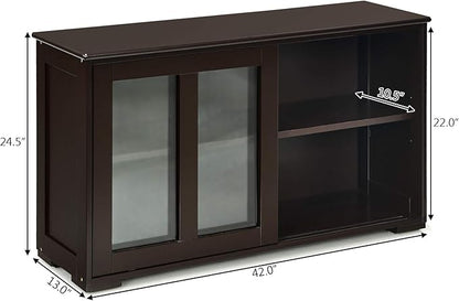 Costzon Sideboard Buffet Cabinet, Wooden Kitchen Storage Cabinet with Adjustable Shelf, Sliding Glass Doors, Accent Coffee Bar Cabinet Console Table for Living Room, Dining Room, Hallway (Coffee)