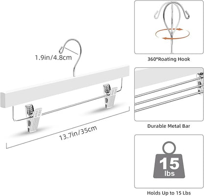 BAGAIL 10 Pack Wooden Pants Hangers with Adjustable Clips, 360°Swivel Hook Space Saving Skirt Holders with Anti-Rust Clips for Trousers, Jeans, Shorts (White)
