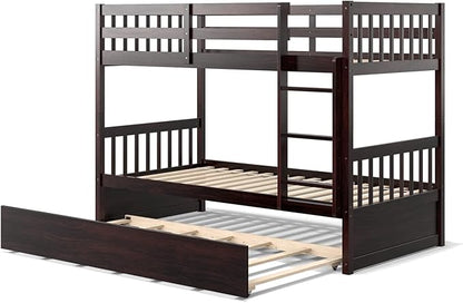 KOMFOTT Wood Twin Over Twin Bunk Bed with Trundle, Solid Pine Wood Bunk Bed Frame with Ladder & Safety Guardrails, Space-Saving Convertible Twin Bed Frame for Home & Dormitory, No Box Spring Needed